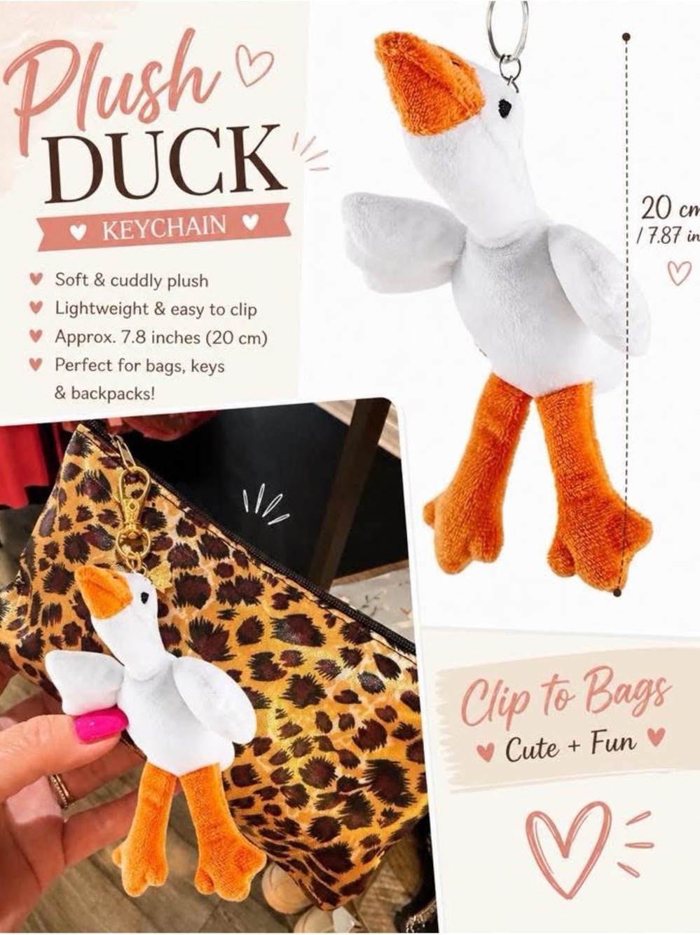 Plush Duck Mini Bag Charm Keychain - White & Orange